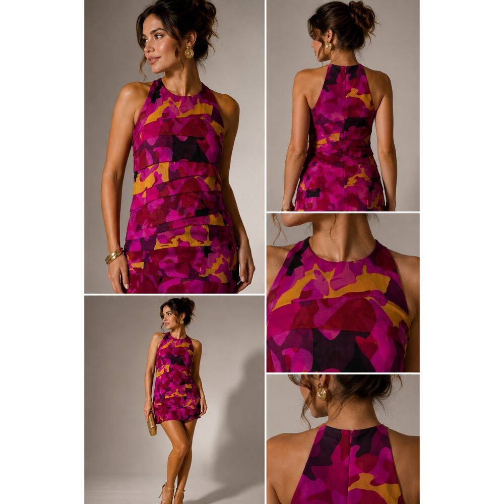 Diane von Furstenberg Benin Silk Tiered Dress 6 Berry Snake Retro 60s Mod